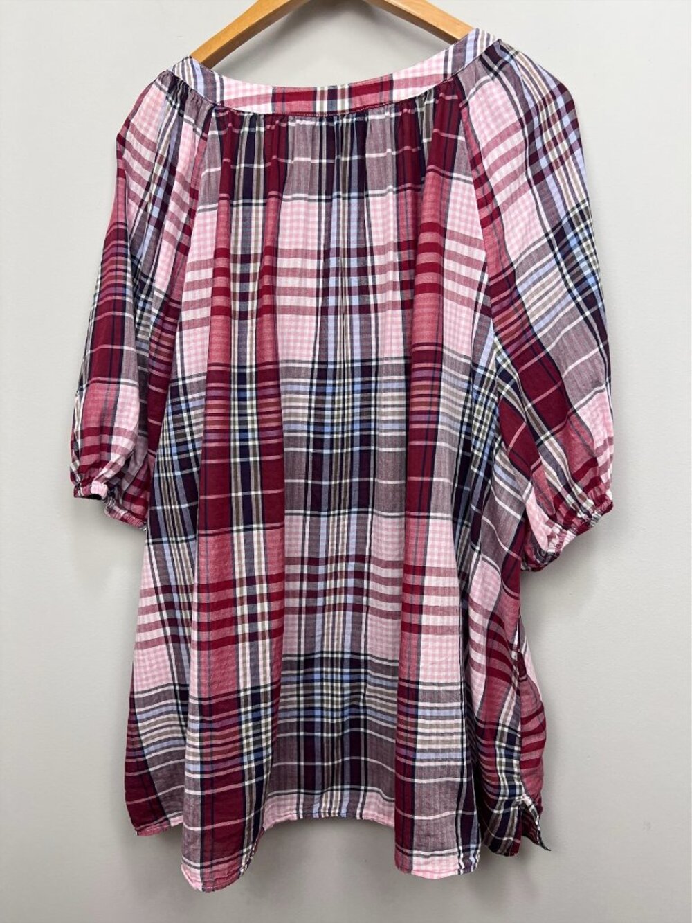 Lane Bryant Plaid Peasant Blouse Size 28 Pink Burgundy Button Front Cotton Modal - Picture 3 of 7